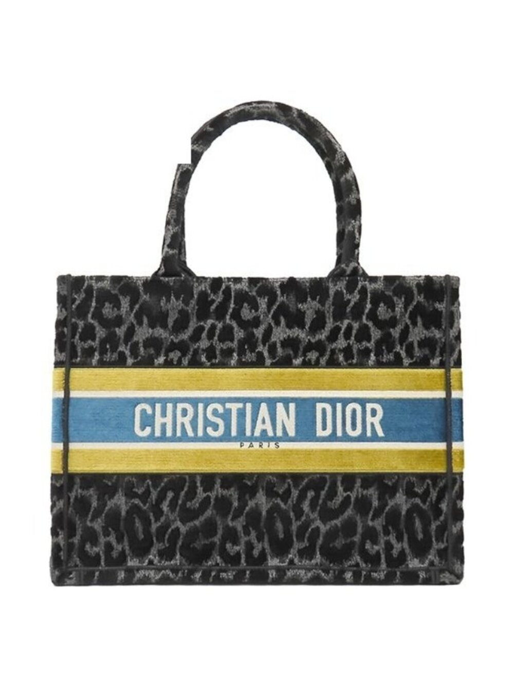Dior Tote Book Medium Velour Black Yellow Blue Leopard Print